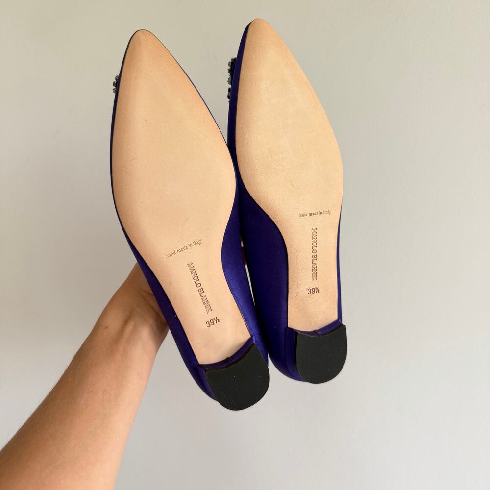 Manolo Blahnik Hangisi Satin Pointed Toe Flat Purple 39.5 NEW - Picture 3 of 5